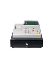 Front view of an analog cash register isolated on a white background.