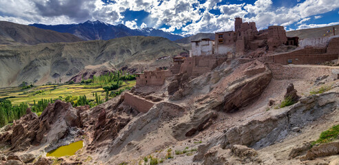 Panoramic view of ruins and Basgo Monastery surrounded with stones and rocks , Leh, Ladakh, Jammu and Kashmir, India