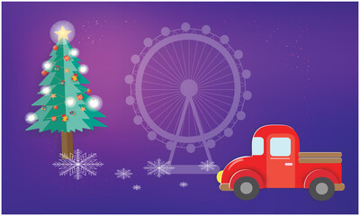Christmas objects with a red car and beautiful tree on abstract background