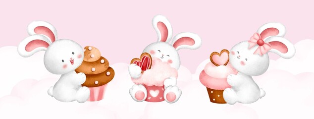Set of rabbit with cupcake 
