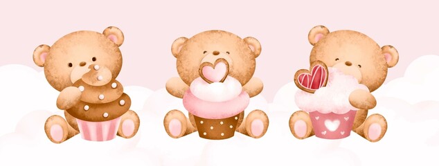 Set of teddy bear with cupcake 
