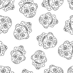 Black and White Seamless Pattern with Traditional Mexican Hand Drawn Skull.