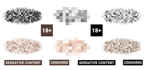Censored pixel bar. Set of blured grey censorship background. Vector illustration for photo, app or tv.