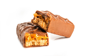 Chocolate bar with nuts on white background.