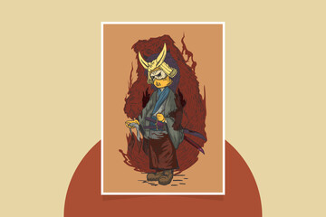 Samurai illustration poster template with red spirit enveloping it