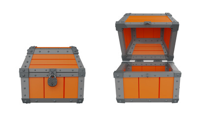 Wooden Medieval Pirate Chest with Iron Parts. 3D Illustration. Isolated on White Background.