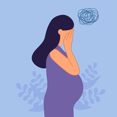 Sad and stressed pregnant woman in flat design. Negative emotion. Anxiety pregnancy symptom. - obrazy, fototapety, plakaty