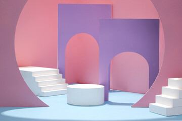 Purple arch wall with stairs and pink background, Podium, Product display for advertising , front view 