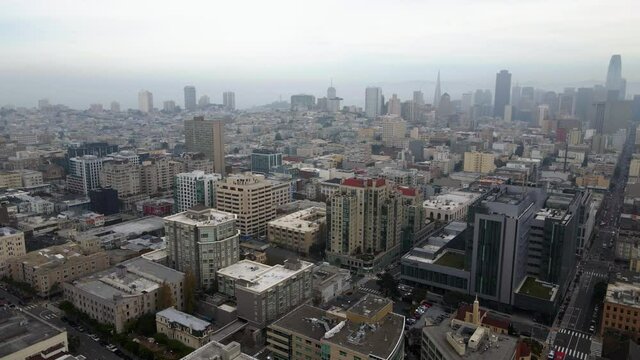 Aerial view overlooking the Nob Hill and Polk Gulch district in San Francisco, USA - pan, drone shot