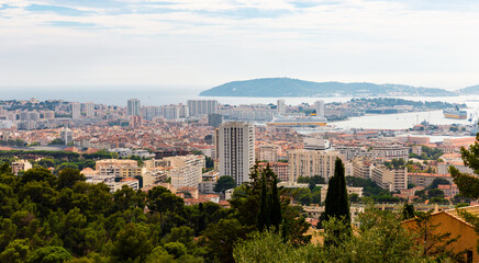 Panoramic photo of Toulon, France. View of residential buildings and city port.
