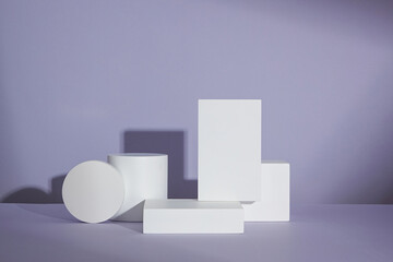Circle , square white podium ,  in purple background and blank space for advertising , abstract content , front view
