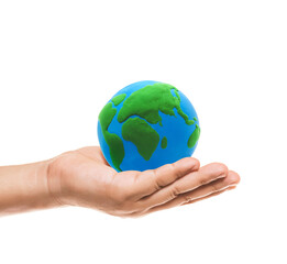 Clay globe model in hand on white background. Sustainability and Preservation. World environmental concept. Save the planet earth.