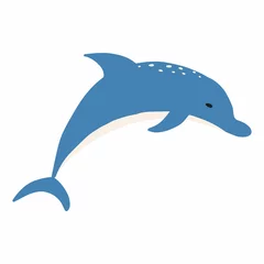 Foto auf Acrylglas Antireflex Childrens illustration of blue dolphin isolated on white white background. Cute hand drawn dolphin in cartoon style. © Евгения Крупель