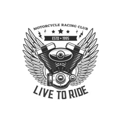 Obraz premium Motorcycle engine with wings icon. Motorsport racing, motocross sport or bikers club, motorcycle repair and restoration garage monochrome vector emblem, t-shirt retro print with winged bike engine
