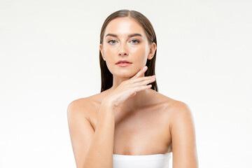 Beauty shot of smiling gorgeous Caucasian woman with clear and healthy skin in isolated white...