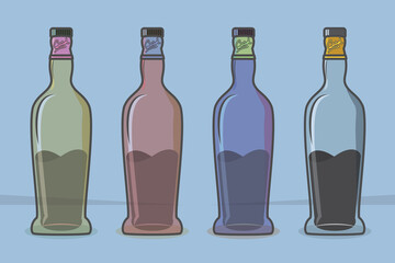 Illustration of a glass drink bottle with different color variants on a blue background