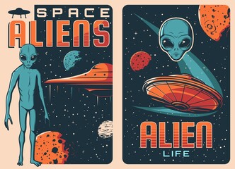 Aliens and UFO retro posters. Extraterrestrial life and spaceships, space exploration vector vintage banners with flying saucer, far galaxy planets and humanoid alien with big eyes and blue skin