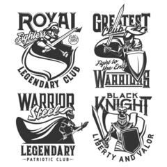 Tshirt prints with knights and swords vector mascots for fighter or patriotic club. Medieval warrior in helmet and cape attack. T shirt prints design with typography, isolated monochrome labels set