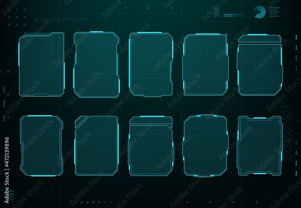 Leinwandbilder HUD futuristic display screen frames and info boxes, vector ui interface of sci fi game interface. Digital technology head up display interface hologram control panel and user menu window