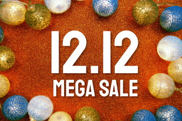 12.12 Mega Sale text and LED cotton Balls Decoration on orange Glitter background
