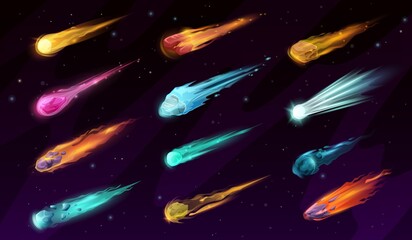 Cartoon galaxy flying comets and space stars, falling asteroids and meteors. Vector shooting stars, meteorites, fireballs and ice balls with bright speed trails and fire tails of flames and flares © Vector Tradition