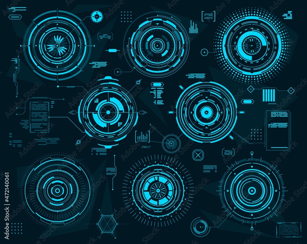 Leinwandbilder HUD futuristic circular panels. Sci Fi, web interface, ui or business visual data. Head up display digital vector screen or dashboard control panel hologram elements with statistic info