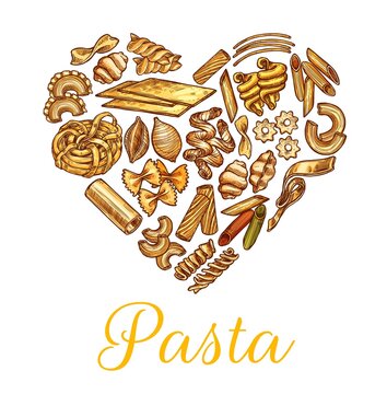 Italian pasta sketch heart. Italian food restaurant emblem, pasta meals menu hand drawn vector cover with tagliatelle, conchiglie and farfalle, penne, eliche and tortiglione, stelle, kanelone pasta