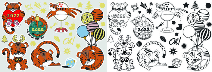 Symbol of the year 2022, cute drawn tiger. Christmas concept. Happy new year, chinese new year, year of the tiger, cartoon character, flat design Vector