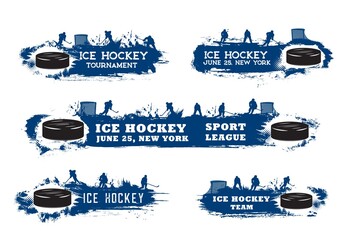 Ice hockey sport grunge banners with players, vector tournament or championship match emblems. Blue silhouette of goalkeeper, defender and forward players with puck and ice hockey stick