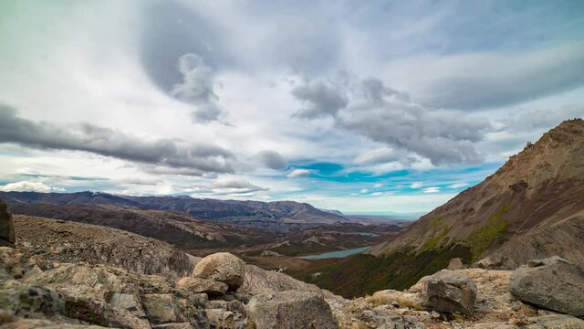 Steady cam time lapse video of beautiful mountain in chalten, Argentina. Panoramic view from top of the mountain.
