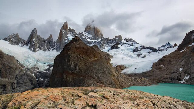 Time lapse video of Mount Fitz Roy and the clouds above. Steady cam shot of Mount Fitz Roy 