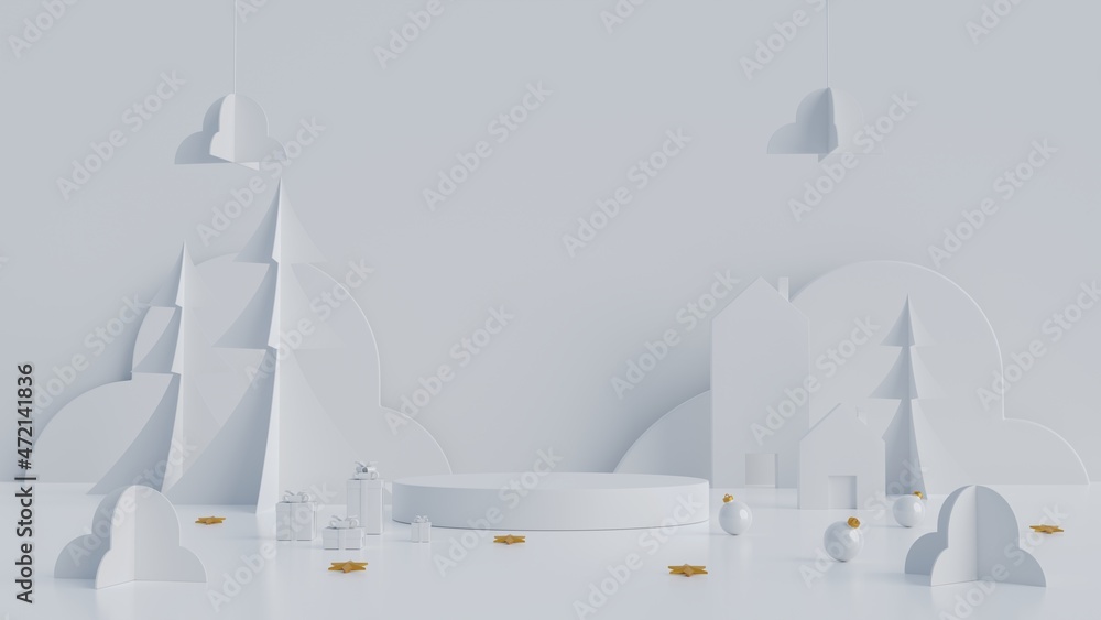 Aufkleber Minimal scene with geometric cylinder podium on white background.Merry christmas and happy new year presentation.3d rendering illustration.