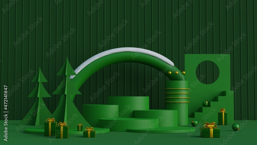 Poster Minimal scene with geometric shape and pine trees on midnight green background.Merry christmas and happy new year presentation.3d rendering illustration.