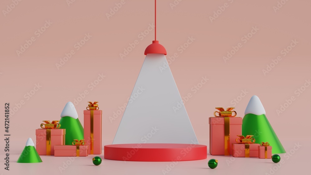 Poster minimal scene with geometric shape with cylinder podium on pink background.merry christmas and happy