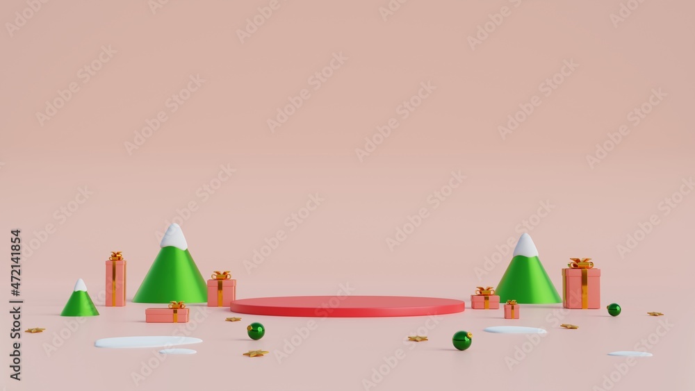 Poster minimal scene with geometric shape with cylinder podium on pink background.merry christmas and happy