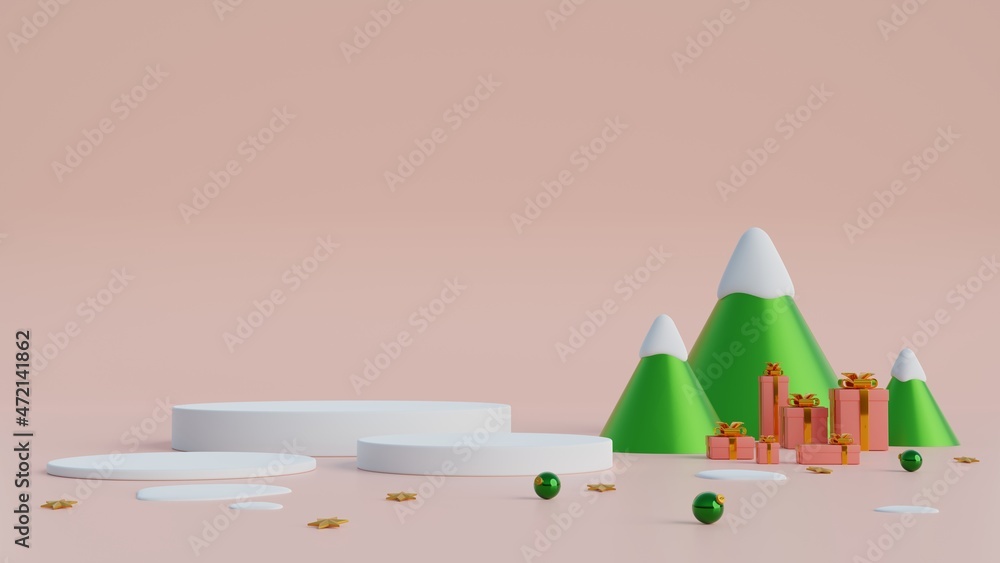 Poster minimal scene with geometric shape with cylinder podium on pink background.merry christmas and happy