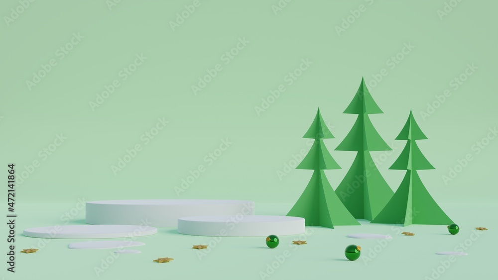 Poster minimal scene with geometric shape with cylinder podium on green background.merry christmas and happ
