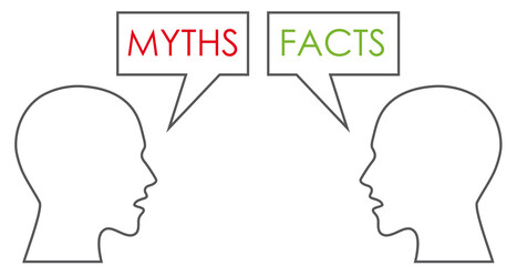 Myths vs facts speech bubbles over two heads 