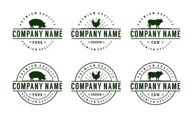 Obraz premium Vintage Farm Cattle Pork Chicken Livestock Beef Emblem Label logo design vector
