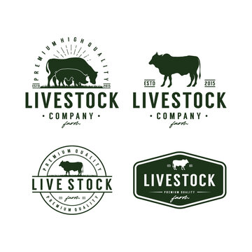 Set of Vintage Livestock logo Cattle Angus Beef Cow Chicken Pork Emblem Label design template