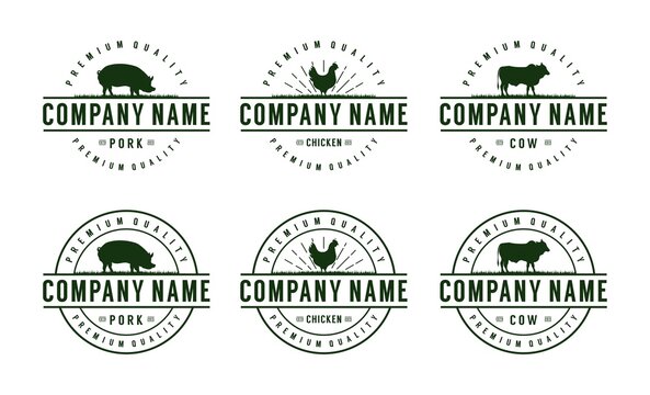 Vintage Farm Cattle Pork Chicken Livestock Beef Emblem Label logo design vector