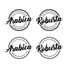 Set of Robusta, Arabica, coffee bean logo handwritten lettering with label badge emblem design vector template