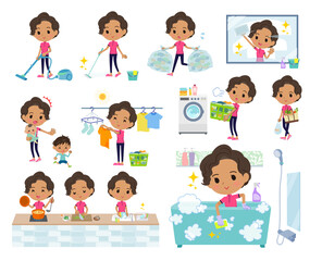 掃除や洗濯など家事に関するスポーツウエアを着たアフリカ系アメリカ人女性のセット