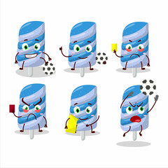 Gummy candy blueberry cartoon character working as a Football referee