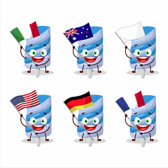 Gummy candy blueberry cartoon character bring the flags of various countries