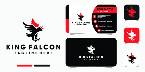 King of falcon with crown logo and business card design vector template