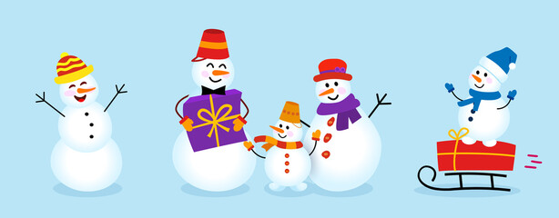 Set of winter holidays snowman. Cheerful merry christmas snowmens. the snowman family with gifts.