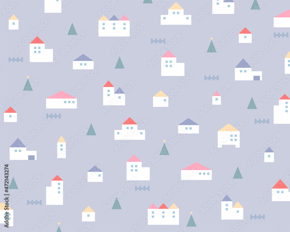 Poster small houses patterned on a gray background. simple pattern design template.