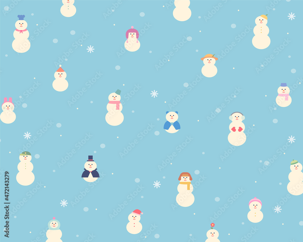 Poster cute snowman pattern on a blue background. simple pattern design template.