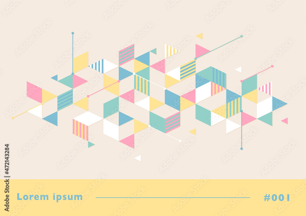 Poster pieces of shapes on the isometric grid are forming cubes. simple pattern design template.